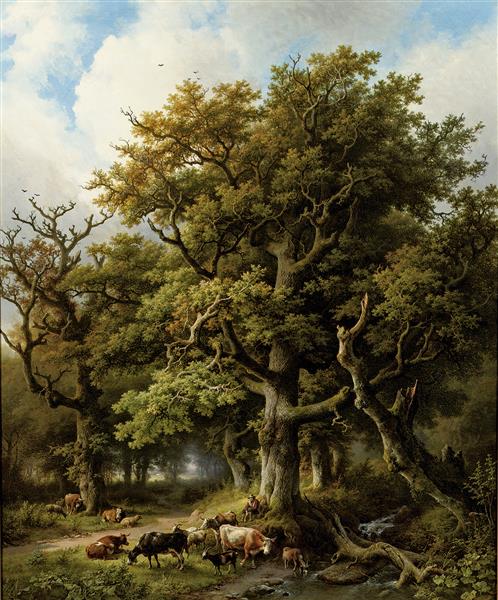 A wooded landscape with a herdsman and his cattle resting under an oak tree - Barend Cornelis Koekkoek