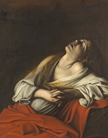 Painting of a woman, head tilted back and mouth open by Caravaggio