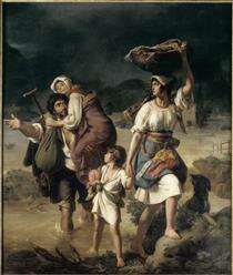 A family of peasants surprised by a prompt overflow of the Tiber flees through the waters - Жан-Виктор Шнетц