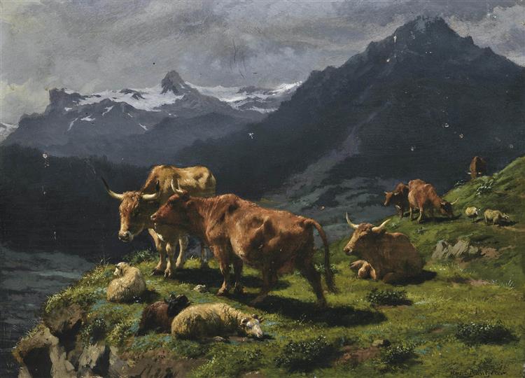 Cattle and sheep in an Alpine landscape - Роза Бонёр