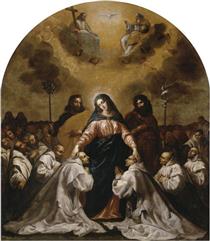 The Virgin, accompanied by St. Joseph and St. John the Baptist, protects the Carthusian Order under her mantle - Vicente Carducho