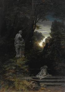 A Woman at a Fountain with Rising Moon - Ferdinand Knab