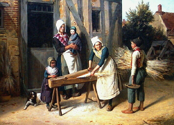 Peasants busy preparing hemp in front of a cottage door - Pierre Duval Le Camus