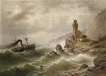 Steamship In Front Of The Coast - Albert Rieger