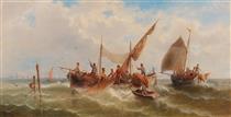 Fishing Boats Against a Venetian Silhouette - Albert Rieger