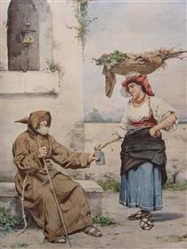 A Franciscan friar accepting a coin in his collecting tin from a woman - Guerrino Guardabassi
