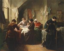 Breton seamstresses working in a sewing workshop - Jules Trayer