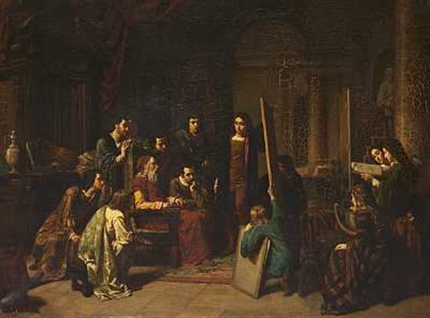 From an artist studio, the old master judges the students' work, 1851 - Jules Trayer