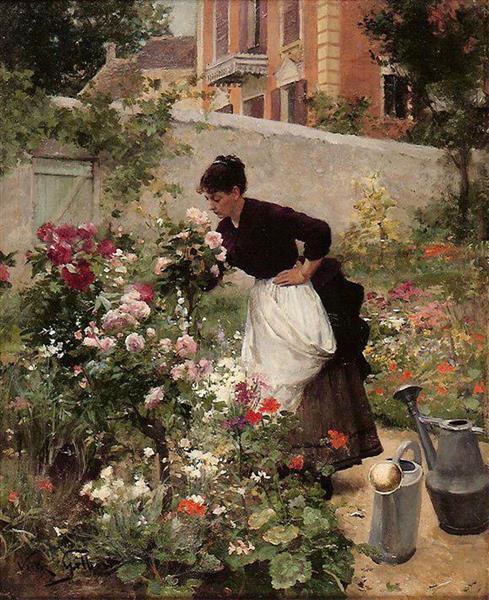 Young woman in the flower garden, c.1885 - Віктор Жільберт