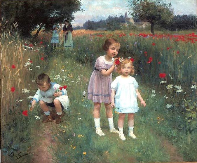 Young children in a poppy field, c.1920 - Victor Gilbert