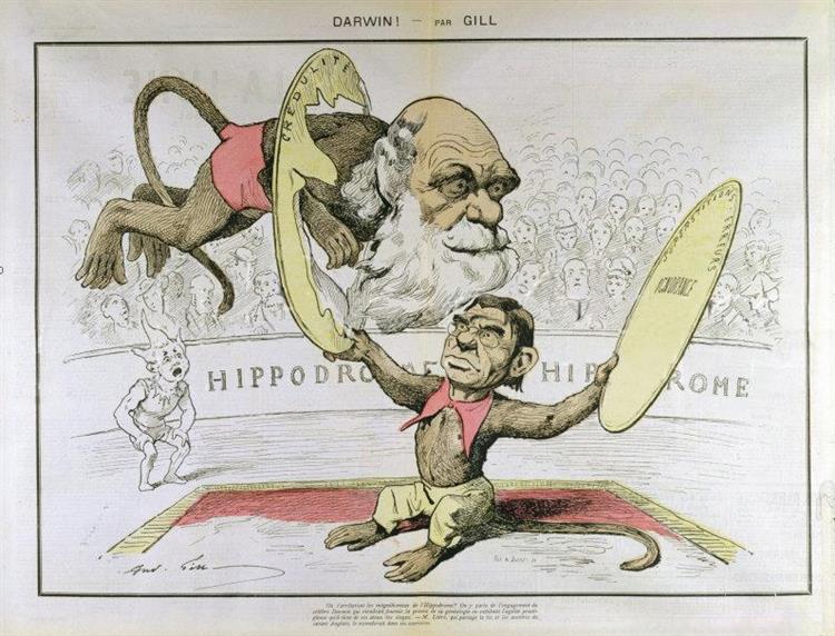 Caricature of Charles Darwin and Émile Littré, 1878 - Андре Жилль