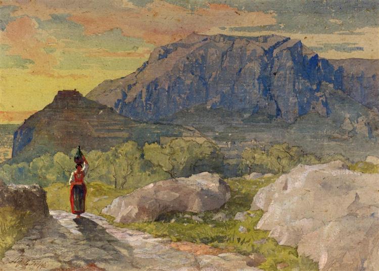 Peasant woman in a mountainous landscape - Alfred Downing Fripp