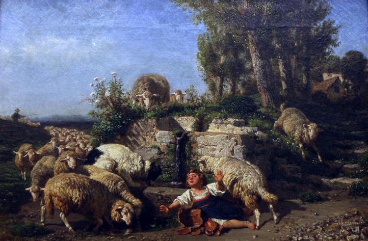 Lambs and sheep at the fountain, 1857 - Filippo Palizzi