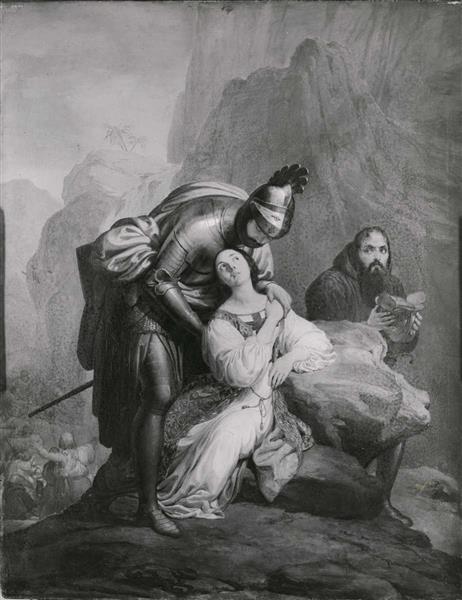 Crusader soldier assists a dying woman, 1844 - Франческо Хайес