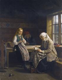 A Hardanger interior, young girl knitting - Adolph Tidemand