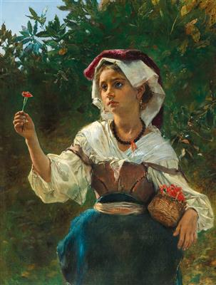Italian girl with a small basket and a carnation before a laurel bush, c.1857 - c.1876 - Anton Romako
