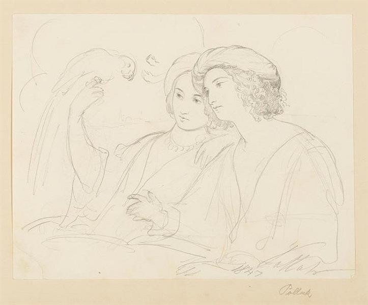Study sheet with two young men and a parrot, 1847 - Leopold Pollak