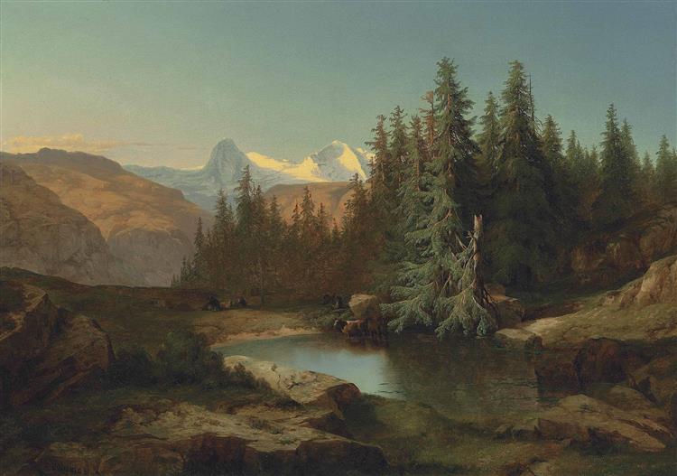 Ruin Unspunnen in front of the view of Eiger, Mönch and Jungfrau, 1860 - Alexandre Calame
