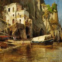 Coastal View With An Old House And A Boat, Sorrento - Carl Frederik Sorensen