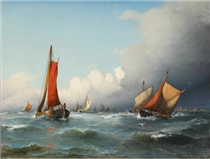 Seascape with fishing boats off a coast - Carl Frederik Sorensen