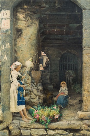 Italian wool spinner in front of a house entrance, 1876 - Gustavo Simoni