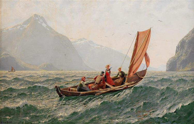 Fjord with sailing boat - Hans Dahl