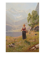 Girl with rake in fjord landscape - Hans Dahl
