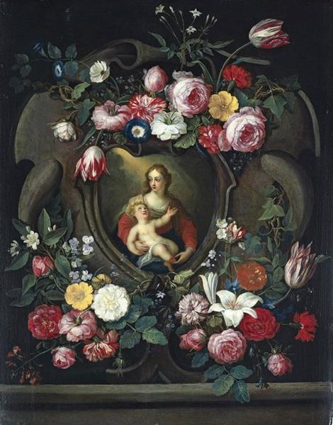 The Virgin and Child, in a Sculpted Cartouche, Surrounded by Garlands of Roses, Tulips, Carnations,Lillies and Other Flowers - Jan van Kessel the Elder