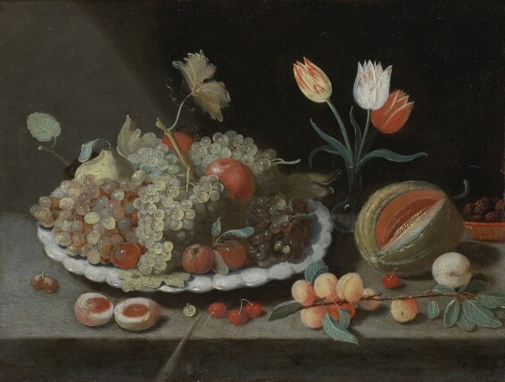 Still life with grapes and other fruit on a platter, a glass vase with tulips, a melon, apricots, cherries and other fruit, all on a ledge - Jan van Kessel the Elder