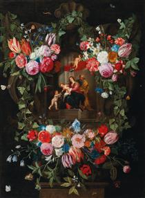 A wreath of flowers surrounding a cartouche with the Holy Family and putti - Jan van Kessel the Elder