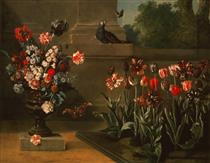 Bed of tulips and vase of flowers at the foot of a wall - Жан-Батист Одри