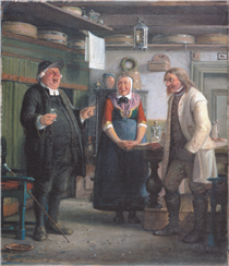 Per Degn ("Per, the deacon") sings for a glass of akvavit, An incident from the Ludvig Holberg comedy, Erasmus Montanus (Act 1, scene 4) - Vilhelm Marstrand