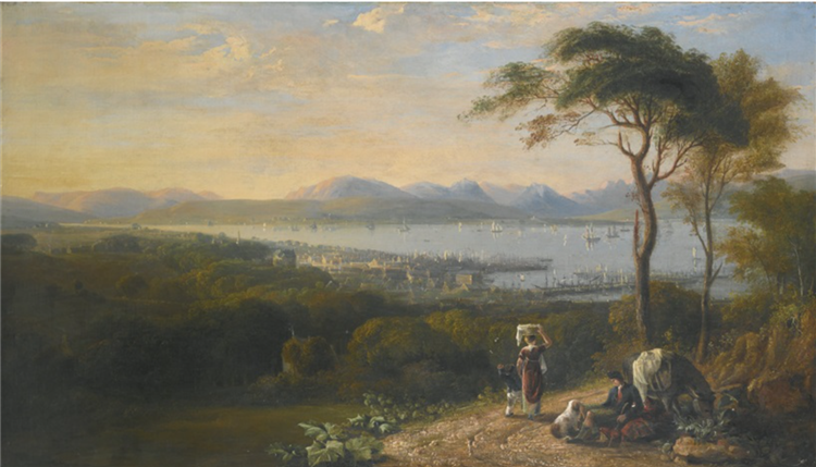 A view of oban with a traveller resting on a path - John Glover