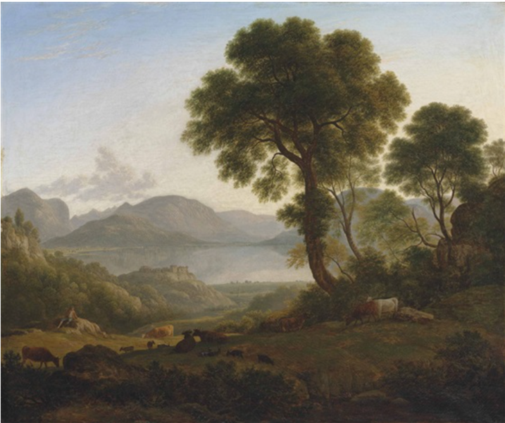 A lake landscape with a shepherd, cattle and goats in the foreground - John Glover
