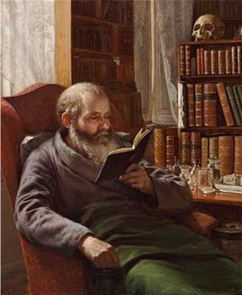Portrait of the artist's foster father, professor, zoologist Henrik Nicolai Krøyer, sitting in a red armchair. He is reading in a book, 1872 - Peder Severin Krøyer