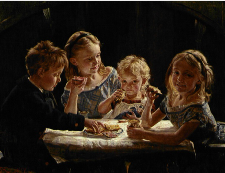 Børnegruppe. Portræter af fire børn ved Frokosten: Rigmor, Ingrid Regnar og Astrid Kjær, 1877 - Peder Severin Kroyer