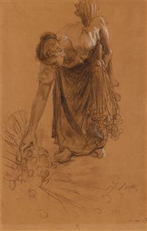 Peasant woman picking up a sheaf of carnations - Жюль Бретон