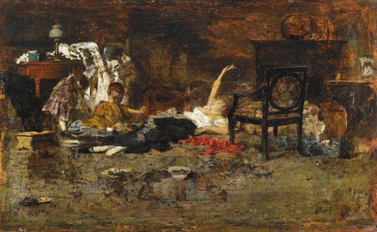 Woman lying on the floor surrounded by children, c.1880 - Giacomo Favretto