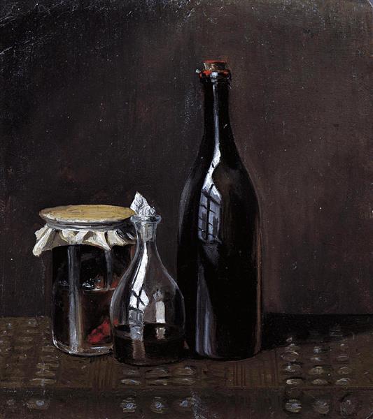 Still Life with a Jellyjar a Carafe and a Bottle of Wine - 卡爾·施皮茨韋格
