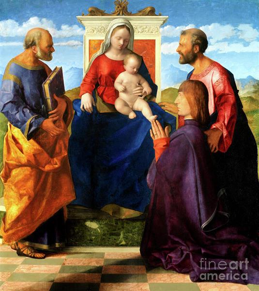Madonna and Child Enthroned with Peter and Paul and a Donor - 喬凡尼·貝里尼