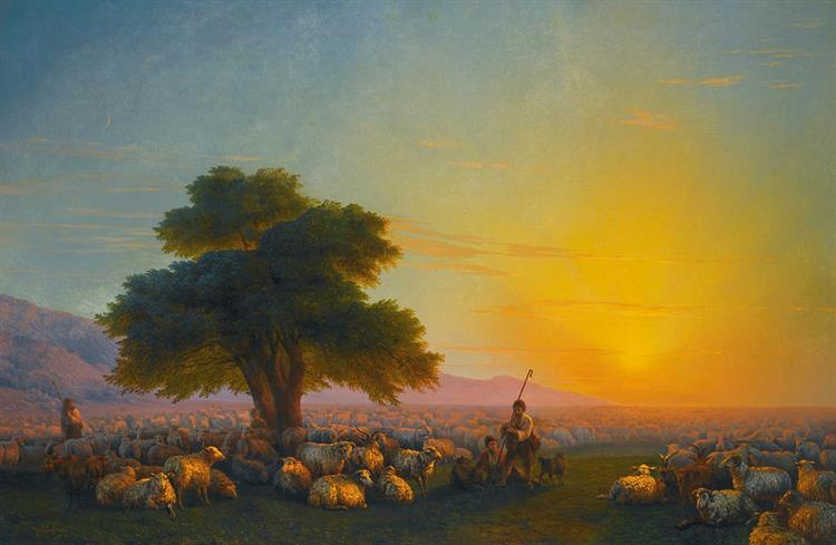 Пастухи зі своєю отарою на заході сонця - Іван Айвазовський
