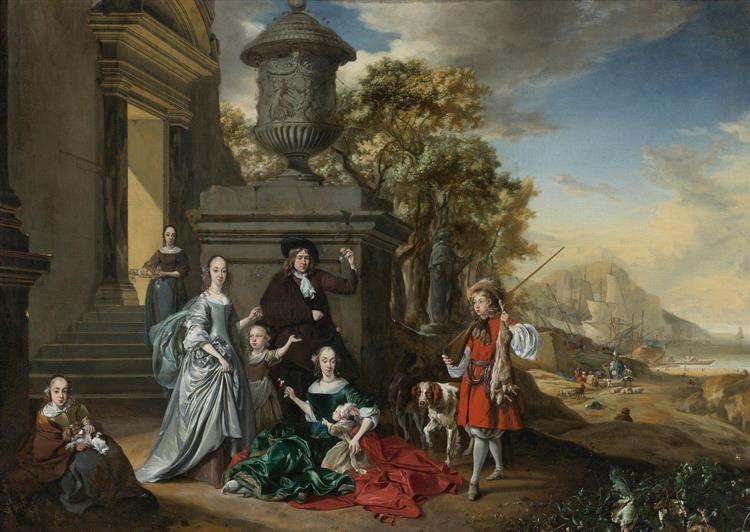 A Family Portrait On The Grounds Of A Villa With An Italianate Harbor Scene Beyond - Jan Weenix