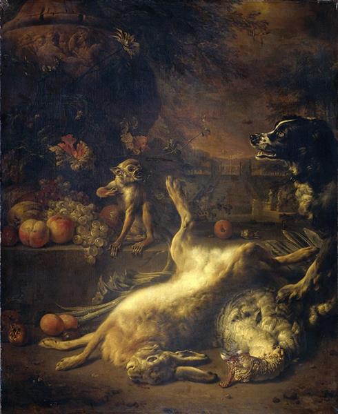 A Monkey and a Dog with Dead Game and Fruit - Jan Weenix