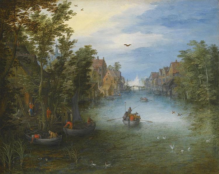 A River Running Through a Small Town - Jan Brueghel, o Velho