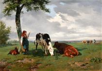 A Shepherdess with a Goat and Two Cows in a Meadow - Rosa Bonheur