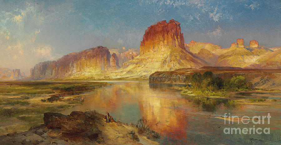Green River Art landscape Oil painting Thomas Moran Wyoming with Cavalry 36" 