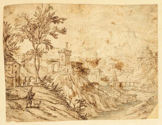 Mountainous landscape with river valley and travellers towards a large city - Tobias Verhaecht