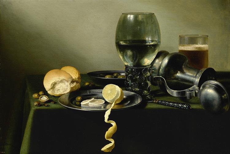 A Roemer An Overturned Pewter Jugolives Half Peeled Lemon on Pewter Plates - Pieter Claesz