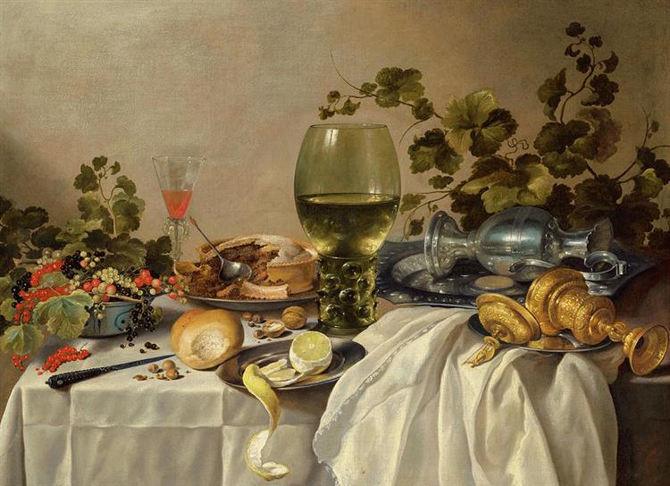 Ontbijt of Silver and Glassware on a Draped Table, with Vines, Fruits and Baked Goods - Пітер Клас