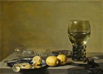 Still Life of Lemons and Olives Pewter Plates a Roemer and a Facon De Venise Wine Glass on a Ledge - Pieter Claesz